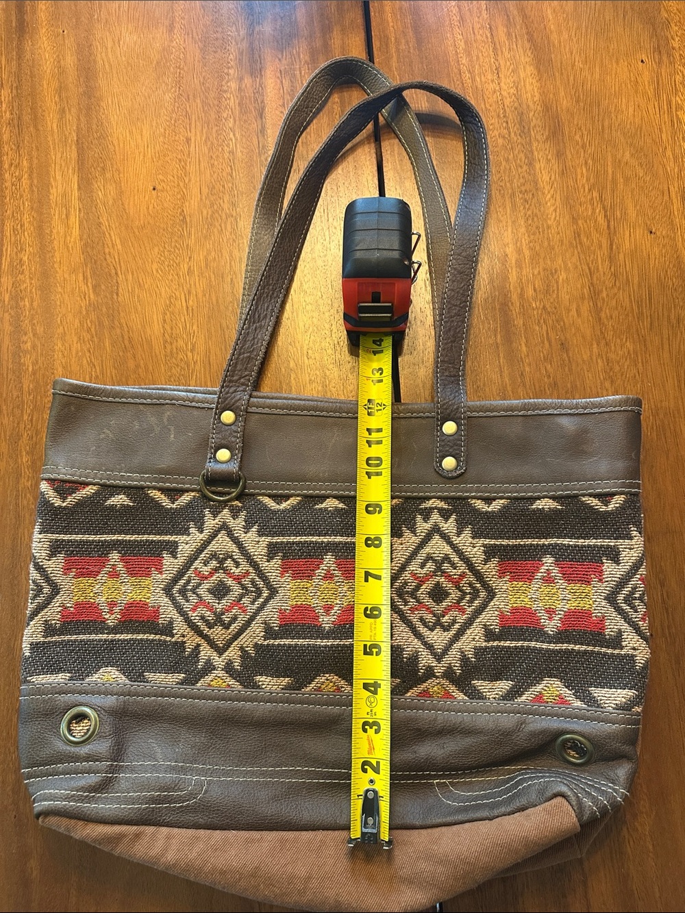 Myra Bag Brick Brown Leather Red Tan Embroidered Cotton Canvas Tote - Picture 12 of 14